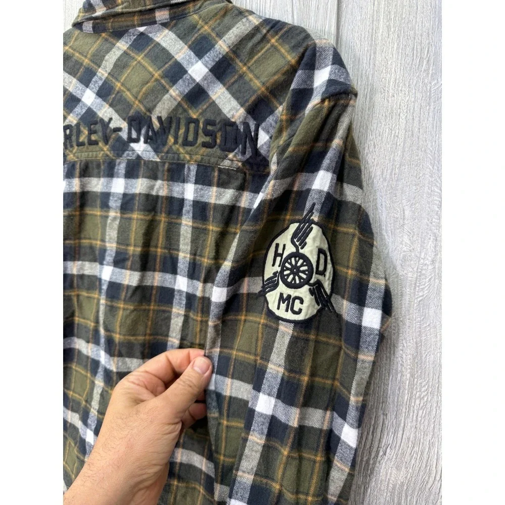 Harley-Davidson Mens Plaid Flannel Shirt Olive Green Long Sleeve Button Up Med